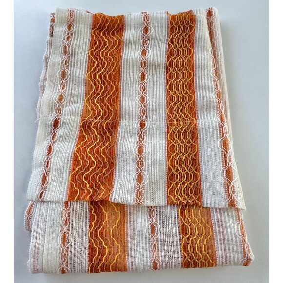 Vintage 70s curtain, pumpkin orange & white stripes, ruffled top, mesh net panel - Picture 8 of 8